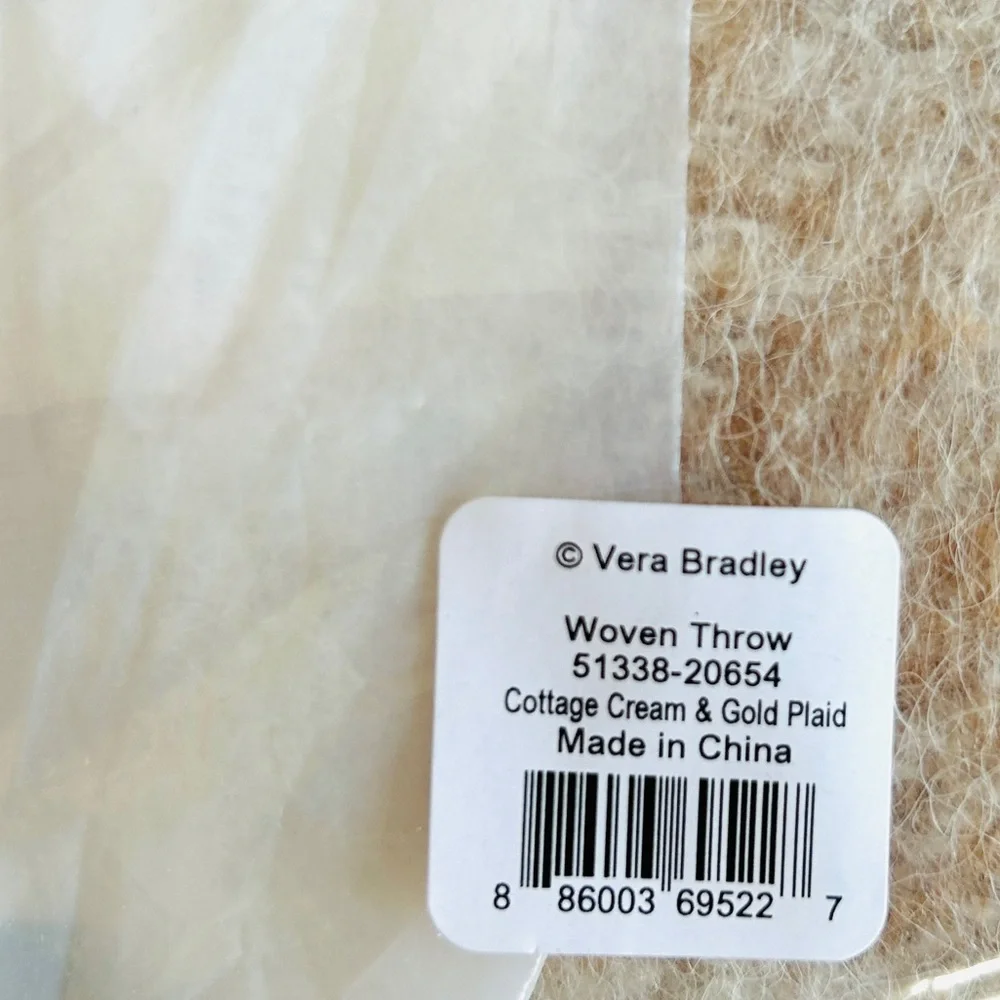 Vera Bradley NWT Wool Blend Woven Throw Blanket Cream Gold Plaid 50x70